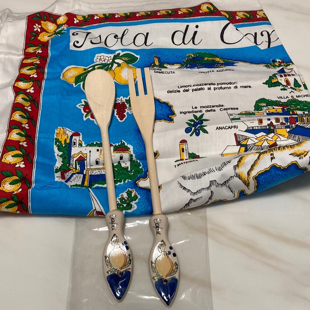 Wooden Salad Server Set with Blue and Yellow Design